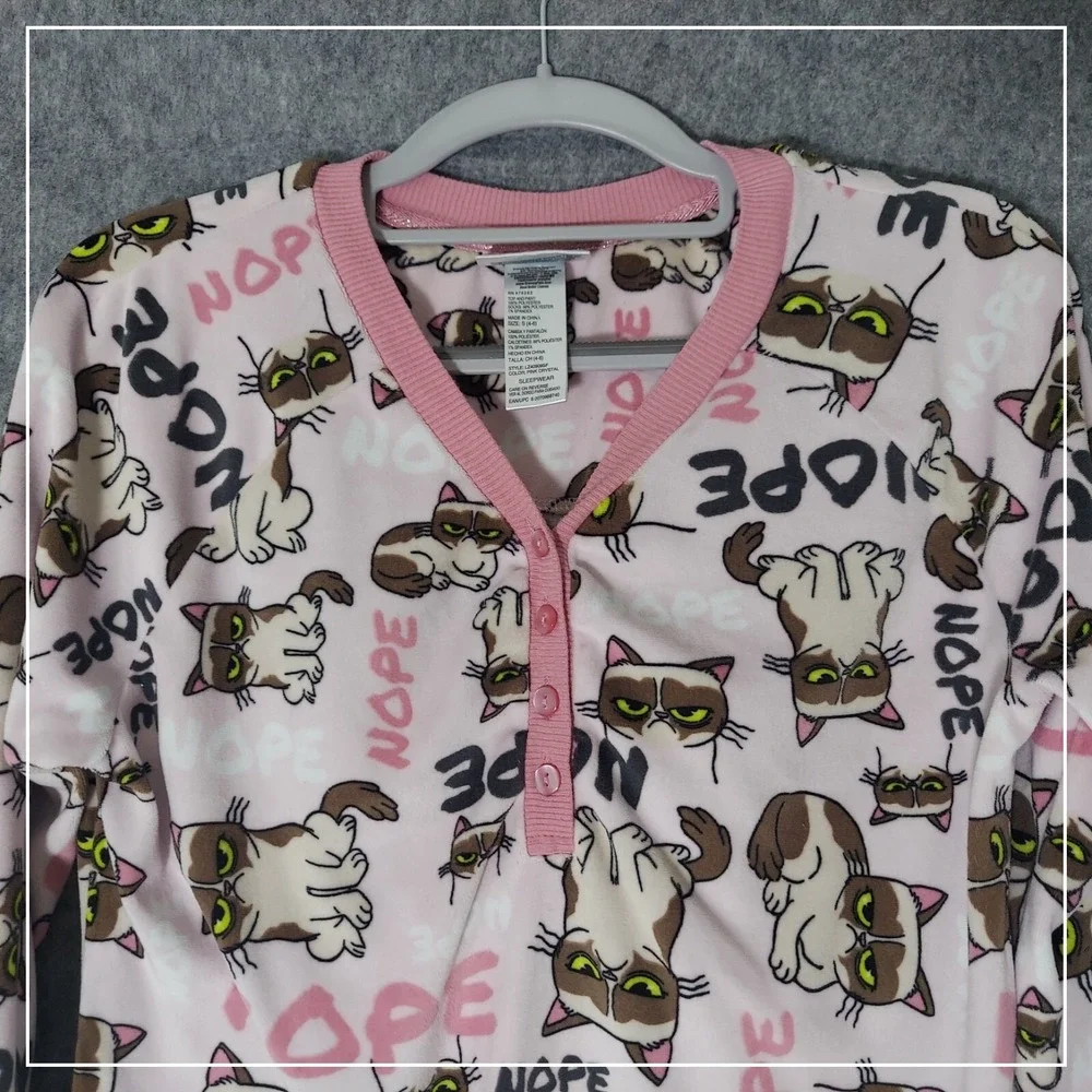 Grumpy Cat Pink Crystal Nope‎ Fleece Pajama Top Small S 4-6 Henley Long Sleeve